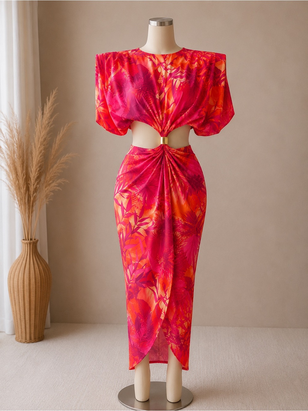 Vibrant Pink-Orange Cutout Maxi Dress